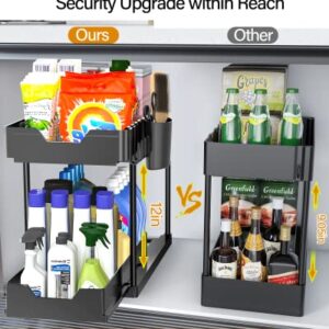 Under Sink Organizers and Storage Bathroom Organizer, 2 Tier Under Sliding Kicthen Cabinet Basket Organizer with Hooks, Hanging Cup, Dividers, Handles, Multi-purpose Under Sink Shelf Organizer, Black