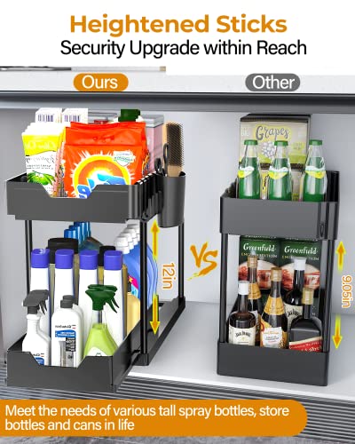 Under Sink Organizers and Storage Bathroom Organizer, 2 Tier Under Sliding Kicthen Cabinet Basket Organizer with Hooks, Hanging Cup, Dividers, Handles, Multi-purpose Under Sink Shelf Organizer, Black