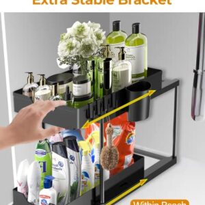 Under Sink Organizers and Storage Bathroom Organizer, 2 Tier Under Sliding Kicthen Cabinet Basket Organizer with Hooks, Hanging Cup, Dividers, Handles, Multi-purpose Under Sink Shelf Organizer, Black