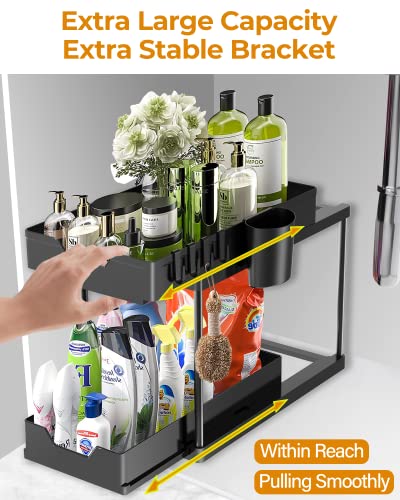 Under Sink Organizers and Storage Bathroom Organizer, 2 Tier Under Sliding Kicthen Cabinet Basket Organizer with Hooks, Hanging Cup, Dividers, Handles, Multi-purpose Under Sink Shelf Organizer, Black