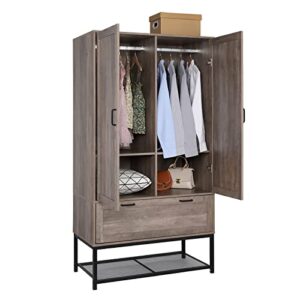 karl home armoire wardrobe closet, freestanding clothing armoire with 2 hanging rods doors adjustable shelves 1 large drawer open compartment, wooden retro grey clothes cabinet for bedroom storage