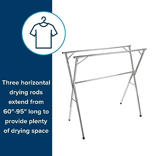 Camco Portable Clothes Drying Rack | Features 3 Horizontal Drying Rods | Extend from 60-inches to 95-inches Long to Provide Plenty of Drying Space | Light Weight Stainless Steel (51339)