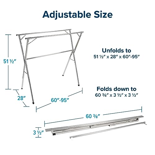 Camco Portable Clothes Drying Rack | Features 3 Horizontal Drying Rods | Extend from 60-inches to 95-inches Long to Provide Plenty of Drying Space | Light Weight Stainless Steel (51339)