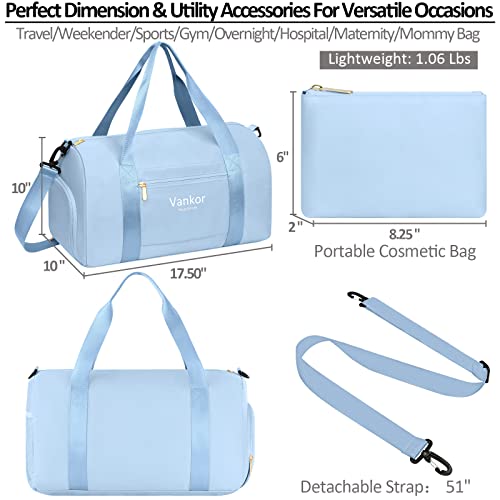 Gym Bag for Women with Shoe Compartment Waterproof, Sports Duffle Bag for Travel Duffel Weekender Carry on Beach Yoga Overnight Luggage Mommy Maternity Hospital Bag Blue 17.50 Inch