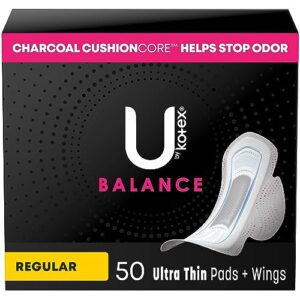 u by kotex balance ultra thin pads with wings, regular absorbency, 50 count (packaging may vary)