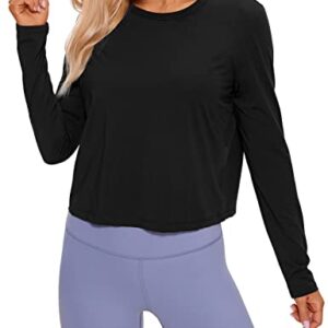 CRZ YOGA Pima Cotton Long Sleeve Workout Shirts for Women Loose Cropped Tops Athletic Sports T-Shirt Black Small