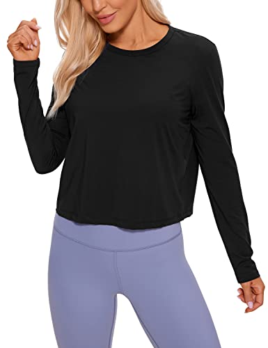 CRZ YOGA Pima Cotton Long Sleeve Workout Shirts for Women Loose Cropped Tops Athletic Sports T-Shirt Black Small