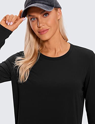 CRZ YOGA Pima Cotton Long Sleeve Workout Shirts for Women Loose Cropped Tops Athletic Sports T-Shirt Black Small