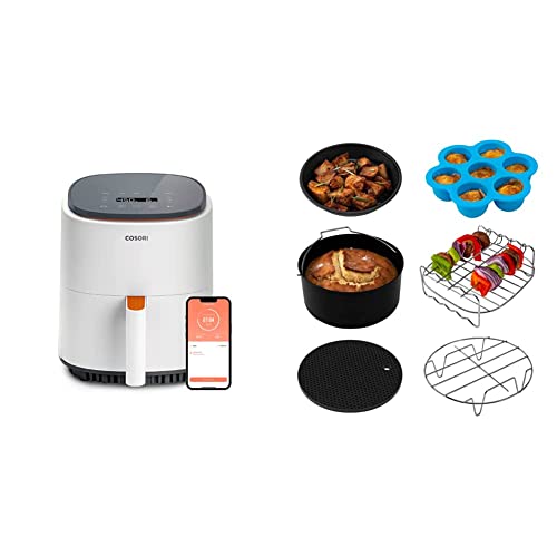 COSORI Air Fryer 4 Qt, 7 Cooking Functions Airfryer, 150+, White & Air Fryer Accessories, Set of 6 Fit for Most 3.7Qt and Larger Oven Cake & Pizza Pan, Metal Holder, Skewer Rack & Skewers, etc