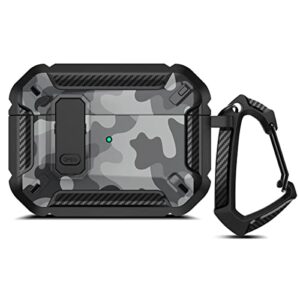 harmark design for airpods pro 2nd generation case cover 2023, shockproof airpods pro 2 case for men women with lock and carabiner, full body protection cover for air pods pro 2, camouflage grey