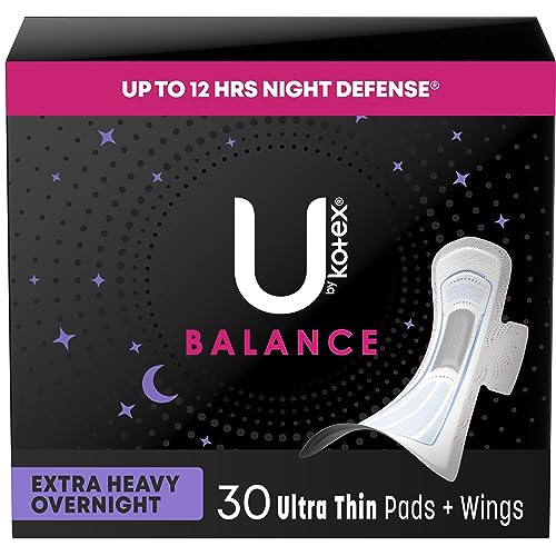 U by Kotex Balance Ultra Thin Overnight Pads with Wings, Extra Heavy Absorbency, 30 Count (Packaging May Vary)