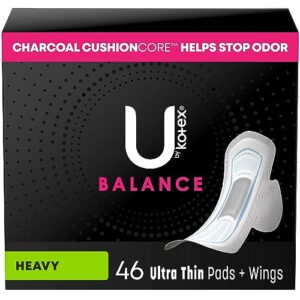 u by kotex balance ultra thin pads with wings, heavy absorbency, 46 count (packaging may vary)