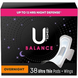 u by kotex balance ultra thin overnight pads with wings, 38 count (packaging may vary)