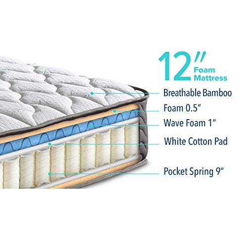 Swiss Ortho Sleep, 12" Inch Certified Independently & Individually Wrapped Pocketed Encased Coil Pocket Spring Contour Mattress - California King, White