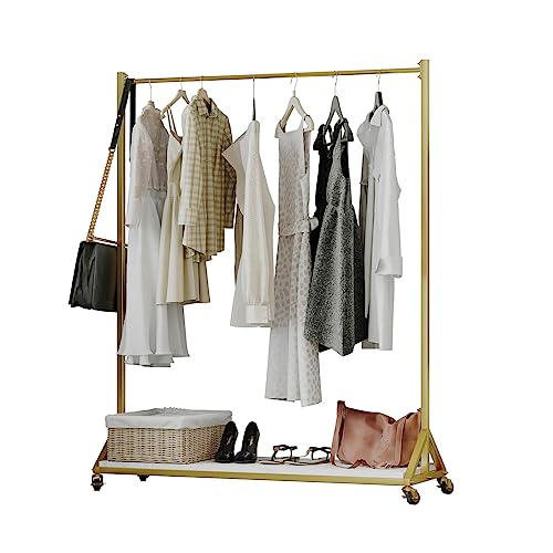 LBSLMJB Clothing Garment Rack with Shelves and Wheels, Metal Rolling Clothes Rack for Hanging Clothes Heavy Duty Portable Standing Clothing Rack Organizer Gold