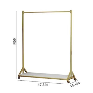 LBSLMJB Clothing Garment Rack with Shelves and Wheels, Metal Rolling Clothes Rack for Hanging Clothes Heavy Duty Portable Standing Clothing Rack Organizer Gold