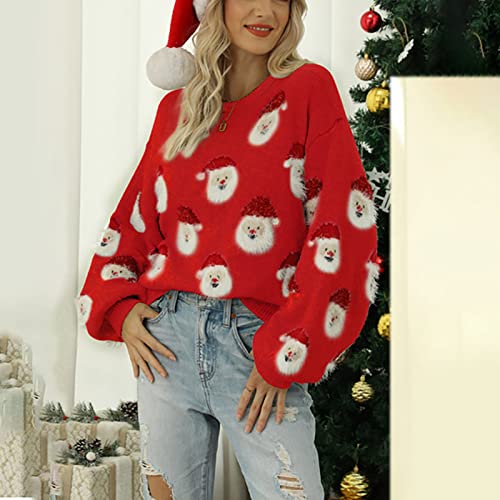 iLH Christmas Sweater for Women Cute Merry Xmas Santa Claus Holiday Cozy Knit Pullover Crewneck Sweatshirts Tops
