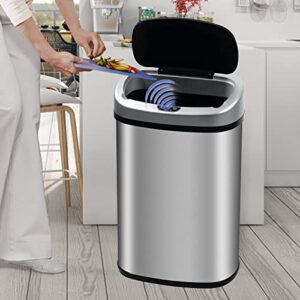 13 Gallon Stainless Steel Trash Can, Automatic Motion Sensor, Large Metal Electric Touchless Tall Trash Bin with Lid, Smart Garbage Cans for Kitchen Room Office