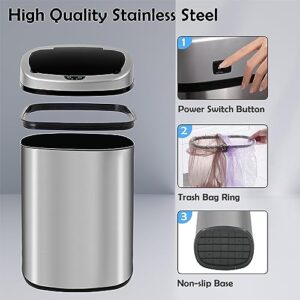 13 Gallon Stainless Steel Trash Can, Automatic Motion Sensor, Large Metal Electric Touchless Tall Trash Bin with Lid, Smart Garbage Cans for Kitchen Room Office