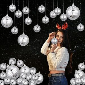 RHM 37Pcs Mirror Disco Ball Hanging, Glass Disco Ball Decor with Rope Silver Disco Party Decorations Suitable for Christmas/Birthday/Wedding/Family Party Decoration (1.9inch, 3.14inch, 3.9inch)