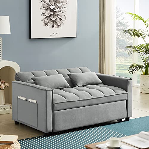 Holaki Convertible Velvet Sleeper Sofa Bed, 55.2" Velvet Loveseat Sofa Modern Pull Out Sofa Bed Lounge Chaise Armchair with Adjustable Backrest,2 Lumbar Pillows,Small Couch for Home Office(Grey)