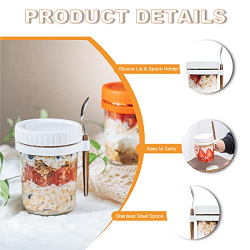 ZCXQM Overnight Oats Containers with Airtight Lids and Spoon, 10 oz Glass Oatmeal Mason Jars for Cereal Yogurt and Parfait ,Set of 2,(White)
