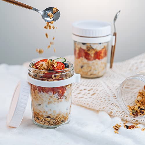 ZCXQM Overnight Oats Containers with Airtight Lids and Spoon, 10 oz Glass Oatmeal Mason Jars for Cereal Yogurt and Parfait ,Set of 2,(White)