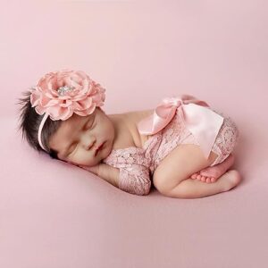 baby photography props outfit lace rompers newborn girl photo shoot outfits flower headband princess costume (snow bud color)