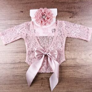 Baby Photography Props Outfit Lace Rompers Newborn Girl Photo Shoot Outfits Flower Headband Princess Costume (Snow bud color)