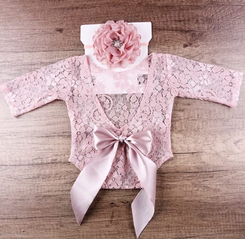 Baby Photography Props Outfit Lace Rompers Newborn Girl Photo Shoot Outfits Flower Headband Princess Costume (Snow bud color)