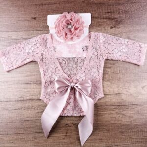 Baby Photography Props Outfit Lace Rompers Newborn Girl Photo Shoot Outfits Flower Headband Princess Costume (Snow bud color)