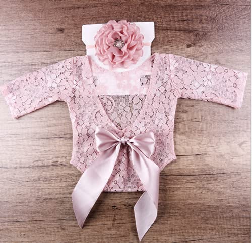 Baby Photography Props Outfit Lace Rompers Newborn Girl Photo Shoot Outfits Flower Headband Princess Costume (Snow bud color)