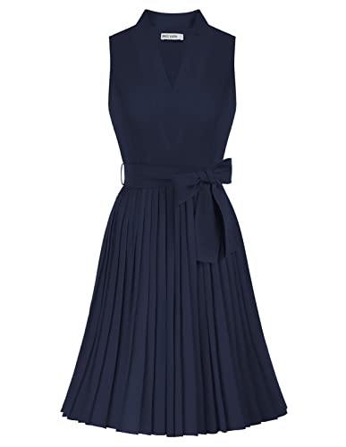 GRACE KARIN Women Elegant High Waist Pleated Dress A-line Solid Funeral Dress Navy Blue L