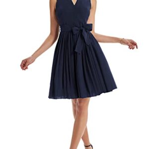 GRACE KARIN Women Elegant High Waist Pleated Dress A-line Solid Funeral Dress Navy Blue L