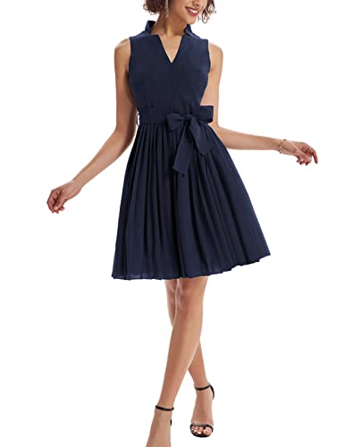 GRACE KARIN Women Elegant High Waist Pleated Dress A-line Solid Funeral Dress Navy Blue L