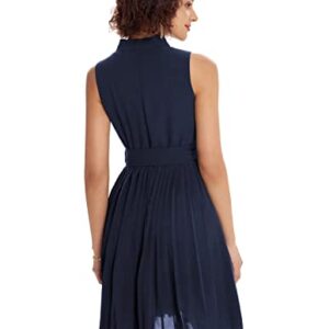 GRACE KARIN Women Elegant High Waist Pleated Dress A-line Solid Funeral Dress Navy Blue L