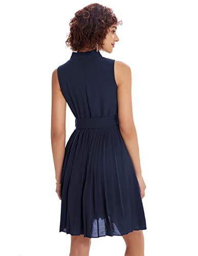 GRACE KARIN Women Elegant High Waist Pleated Dress A-line Solid Funeral Dress Navy Blue L