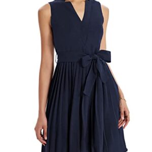 GRACE KARIN Women Elegant High Waist Pleated Dress A-line Solid Funeral Dress Navy Blue L