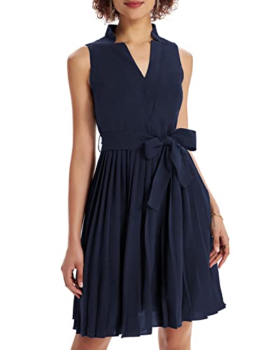 GRACE KARIN Women Elegant High Waist Pleated Dress A-line Solid Funeral Dress Navy Blue L