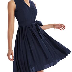 GRACE KARIN Women Elegant High Waist Pleated Dress A-line Solid Funeral Dress Navy Blue L