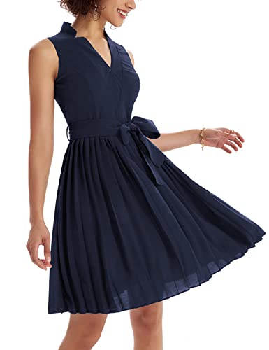 GRACE KARIN Women Elegant High Waist Pleated Dress A-line Solid Funeral Dress Navy Blue L