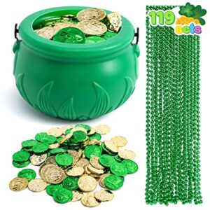 joyin 119 pcs st patrick's party supplies set with 1 green cauldron, 100 st patrick’s day lucky leprechaun shamrock plastic coins and 18 bead necklaces for saint patricks pot of gold party supplies