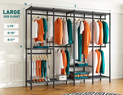 Raybee Clothes Rack, 77" H Clothes Racks for Hanging Clothes, 76" Wide Heavy Duty Clothes Rack, 990LBS All Metal Clothing Rack, Portable Clothes Rack, Clothing Racks for Hanging Clothes, Garment Rack
