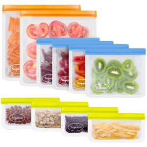 sopemo reusable ziplock bags, 10 pack bpa free reusable freezer bags, leakproof silicone bags reusable food storage bags (4 reusable snack bags, 4 reusable sandwich bags, 2 reusable gallon bags)