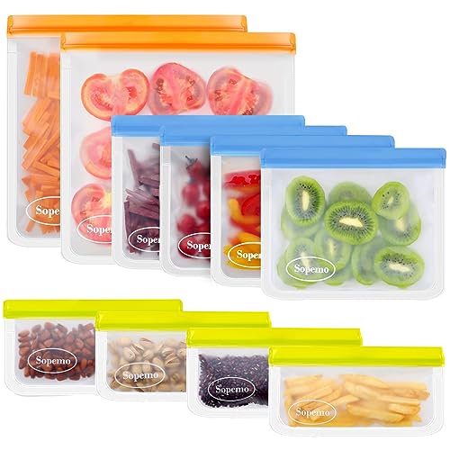 Sopemo Reusable Ziplock Bags, 10 Pack BPA FREE Reusable Freezer Bags, Leakproof Silicone Bags Reusable Food Storage Bags (4 Reusable Snack Bags, 4 Reusable Sandwich Bags, 2 Reusable Gallon Bags)