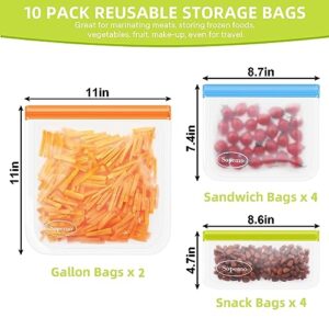 Sopemo Reusable Ziplock Bags, 10 Pack BPA FREE Reusable Freezer Bags, Leakproof Silicone Bags Reusable Food Storage Bags (4 Reusable Snack Bags, 4 Reusable Sandwich Bags, 2 Reusable Gallon Bags)