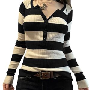 faretumiya y2k striped tee shirts women long sleeve color block v-neck bodycon rib knitted pullover tops blouse streetwear(button black,small)