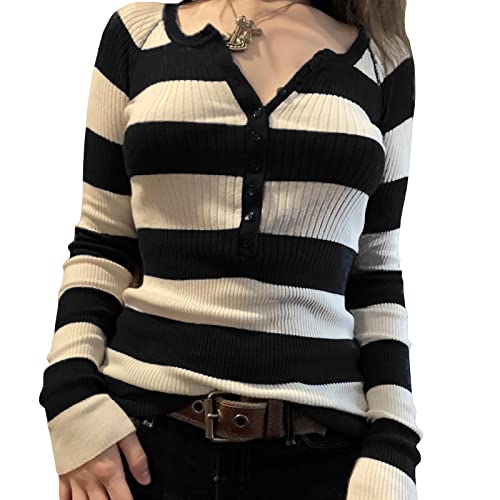 Faretumiya Y2k Striped Tee Shirts Women Long Sleeve Color Block V-Neck Bodycon Rib Knitted Pullover Tops Blouse Streetwear(Button Black,Small)