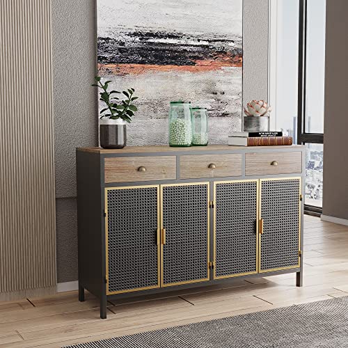 JZXSHD Buffet Sideboard Cabinet, 48" Wide 4 Doors Sideboard with 3 Top Drawers, Farmhouse Entryway Buffet Cabinet Accent Cabinet for Living Room Office Bedroom