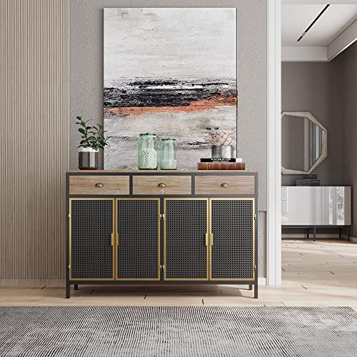 JZXSHD Buffet Sideboard Cabinet, 48" Wide 4 Doors Sideboard with 3 Top Drawers, Farmhouse Entryway Buffet Cabinet Accent Cabinet for Living Room Office Bedroom